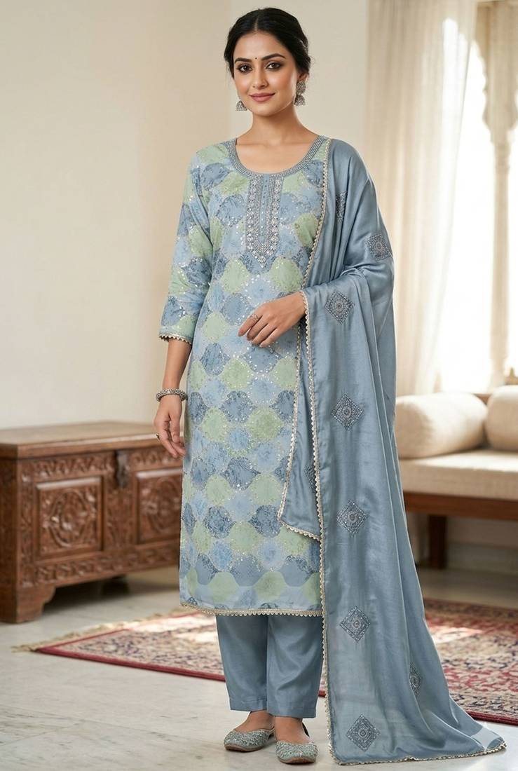 Grey color maslin fabric stylish partywear salwar kameez
