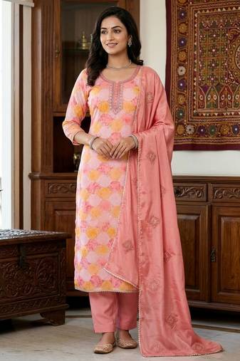 Peach color maslin fabric stylish partywear salwar kameez