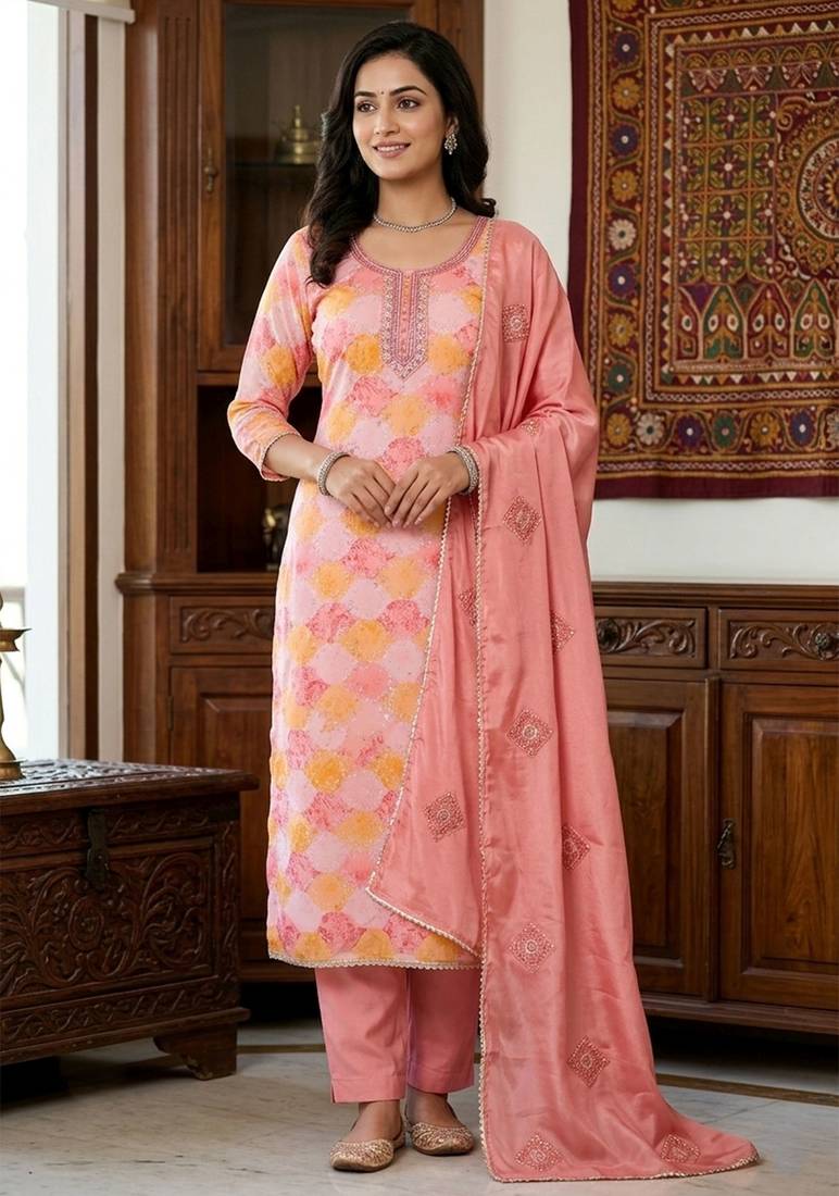 Peach color maslin fabric stylish partywear salwar kameez