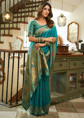Sky blue woven paithani silk saree with blouse 1
