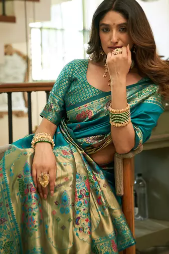 Sky blue woven paithani silk saree with blouse