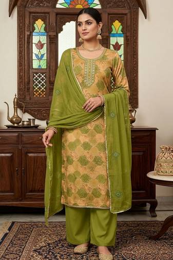 Mahendi color maslin fabric stylish partywear salwar kameez