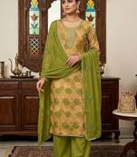 Mahendi color maslin fabric stylish partywear salwar kameez