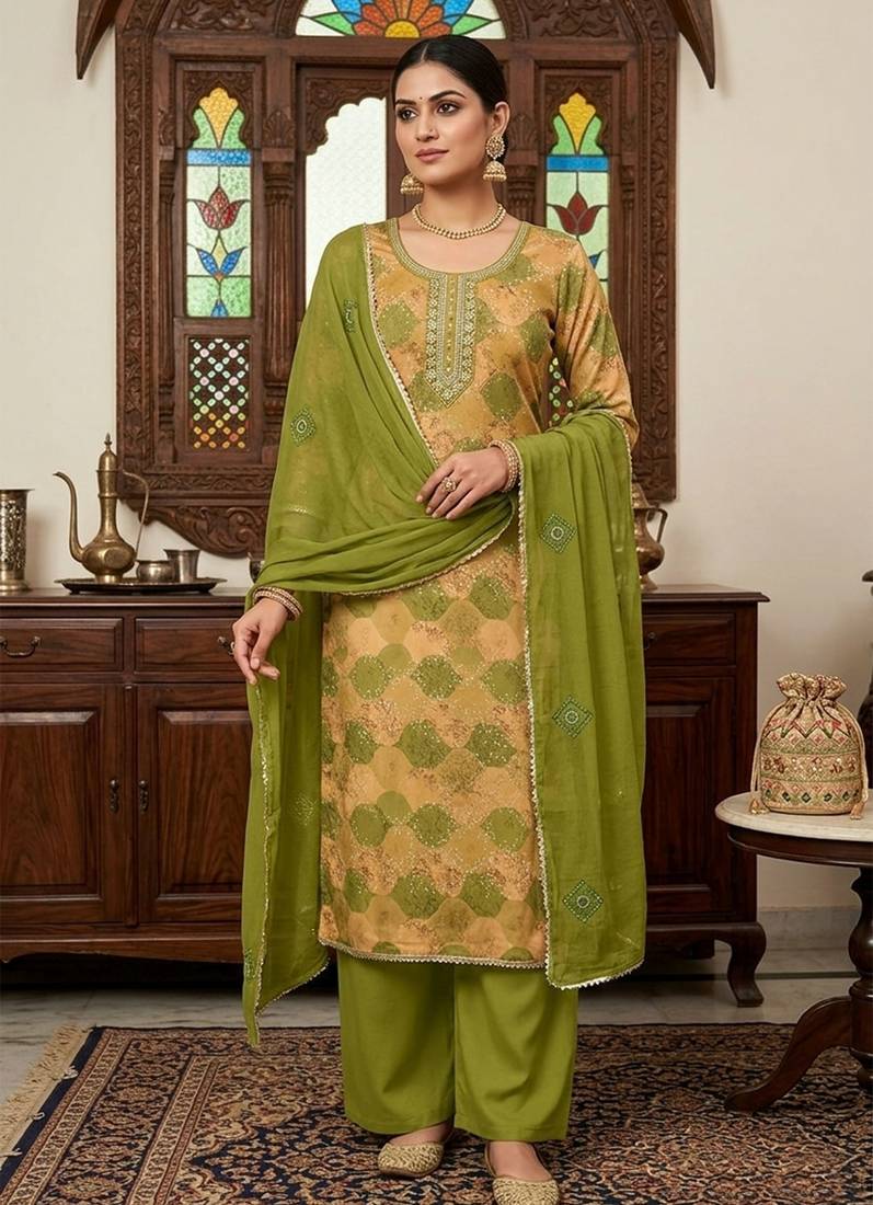 Mahendi color maslin fabric stylish partywear salwar kameez