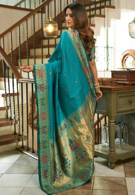 Sky blue woven paithani silk saree with blouse 4