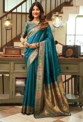 Teal blue woven paithani silk saree with blouse 1