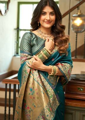 Teal blue woven paithani silk saree with blouse 2