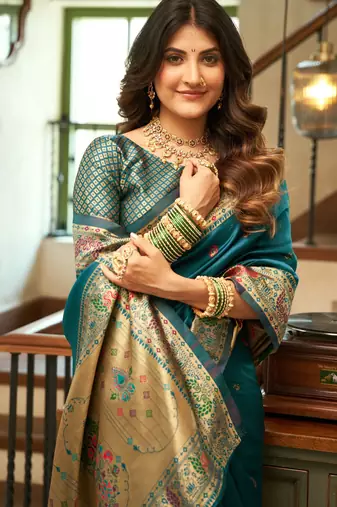 Teal blue woven paithani silk saree with blouse