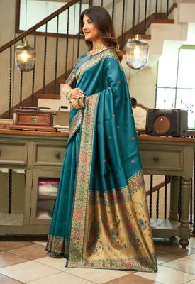 Teal blue woven paithani silk saree with blouse 3