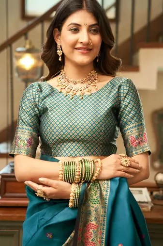 Teal blue woven paithani silk saree with blouse