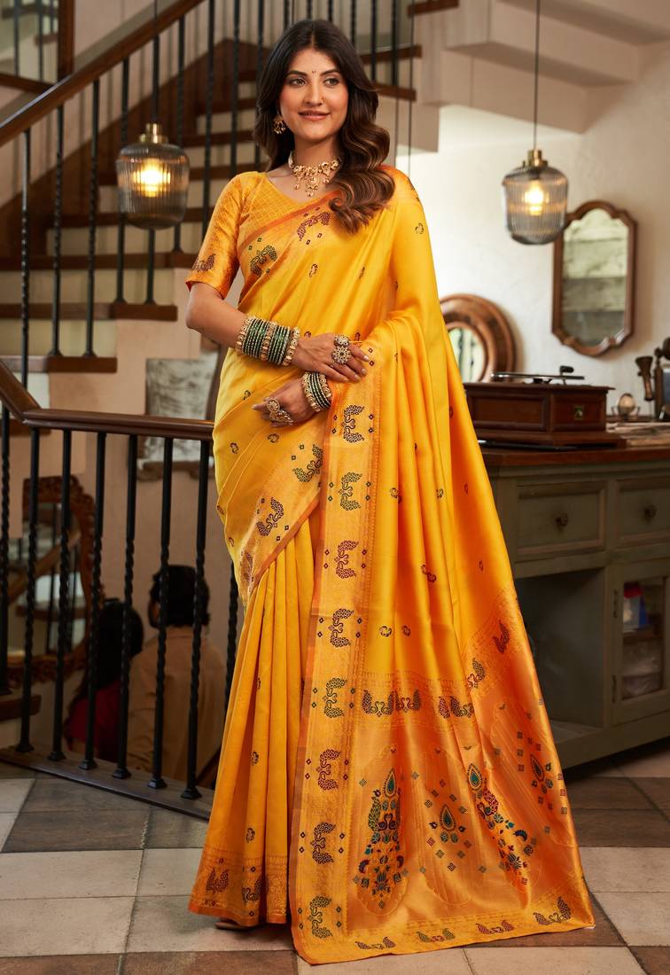 Yellow woven paithani silk saree with blouse