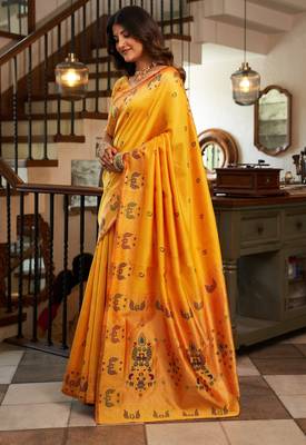 Yellow woven paithani silk saree with blouse 3