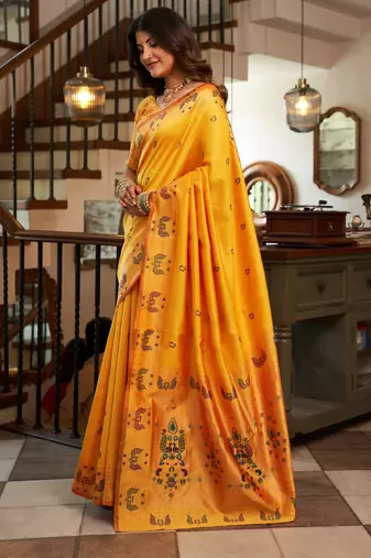 Yellow woven paithani silk saree with blouse