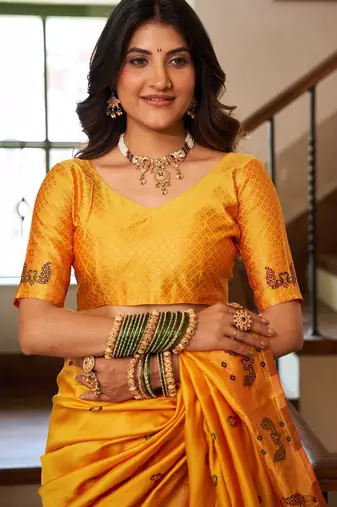 Yellow woven paithani silk saree with blouse