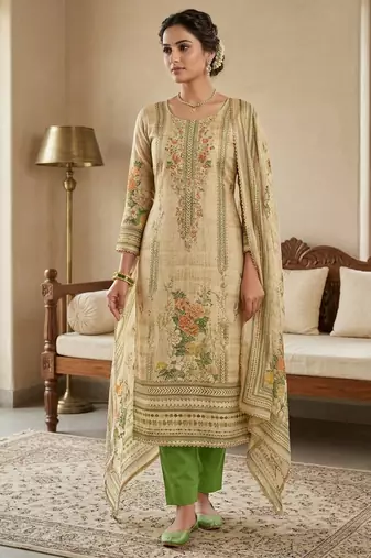 Beige color ethnic partywear salwar kameez for ceremonial looks
