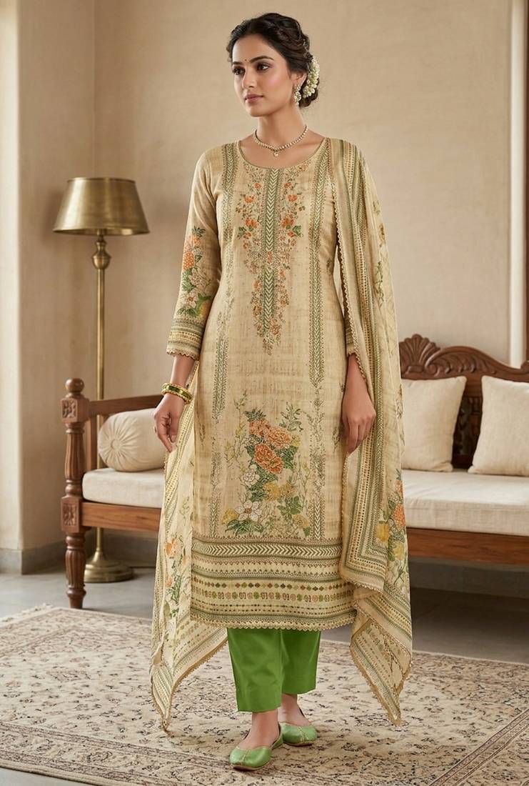 Beige color ethnic partywear salwar kameez for ceremonial looks