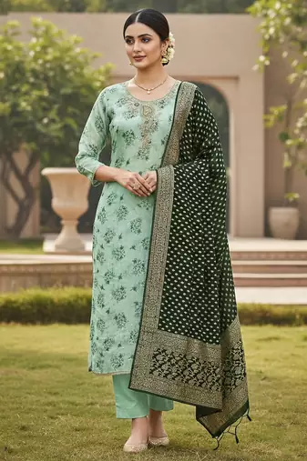 Sea green color beautiful printed with hand work cotton silk fabric salwar kameez