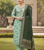 Sea green color beautiful printed with hand work cotton silk fabric salwar kameez