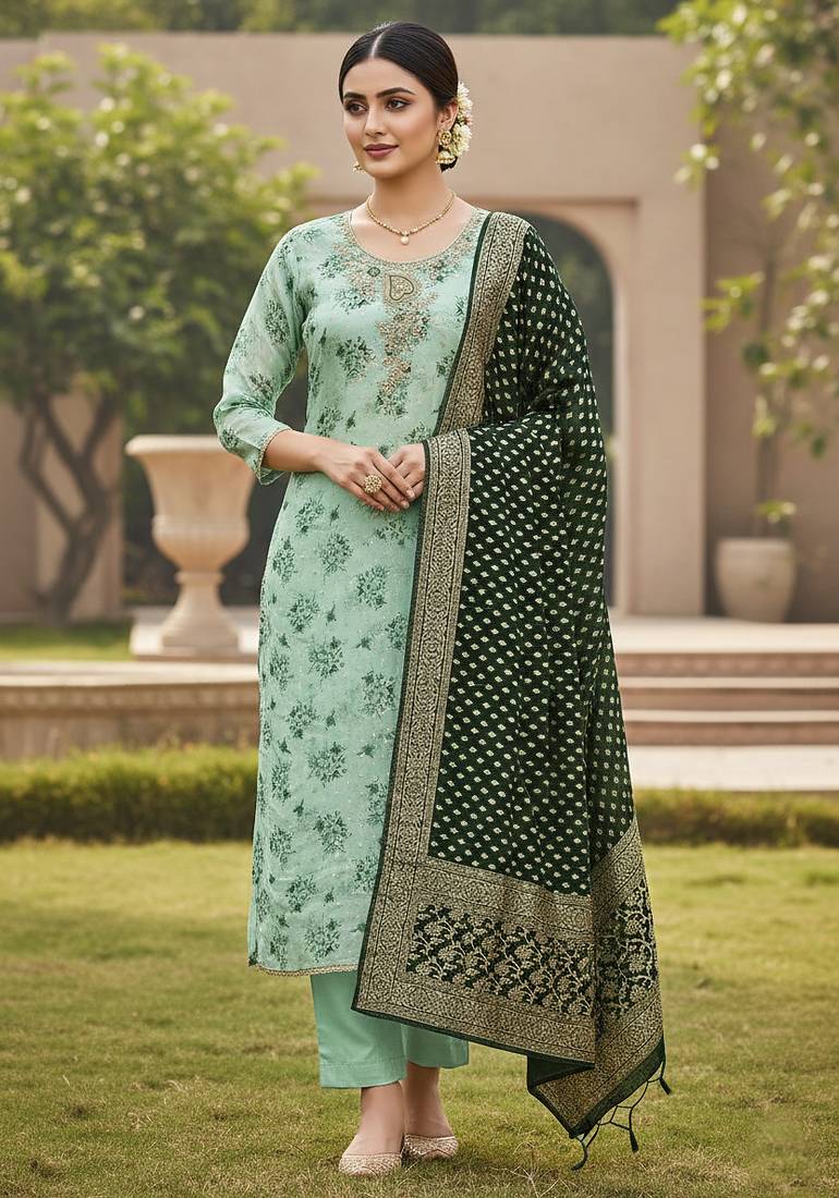 Sea green color beautiful printed with hand work cotton silk fabric salwar kameez
