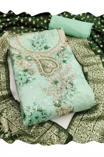 Sea green color beautiful printed with hand work cotton silk fabric salwar kameez