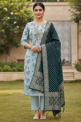 Sky blue color beautiful printed with hand work cotton silk fabric salwar kameez