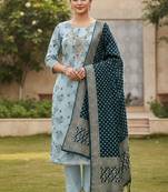 Sky blue color beautiful printed with hand work cotton silk fabric salwar kameez