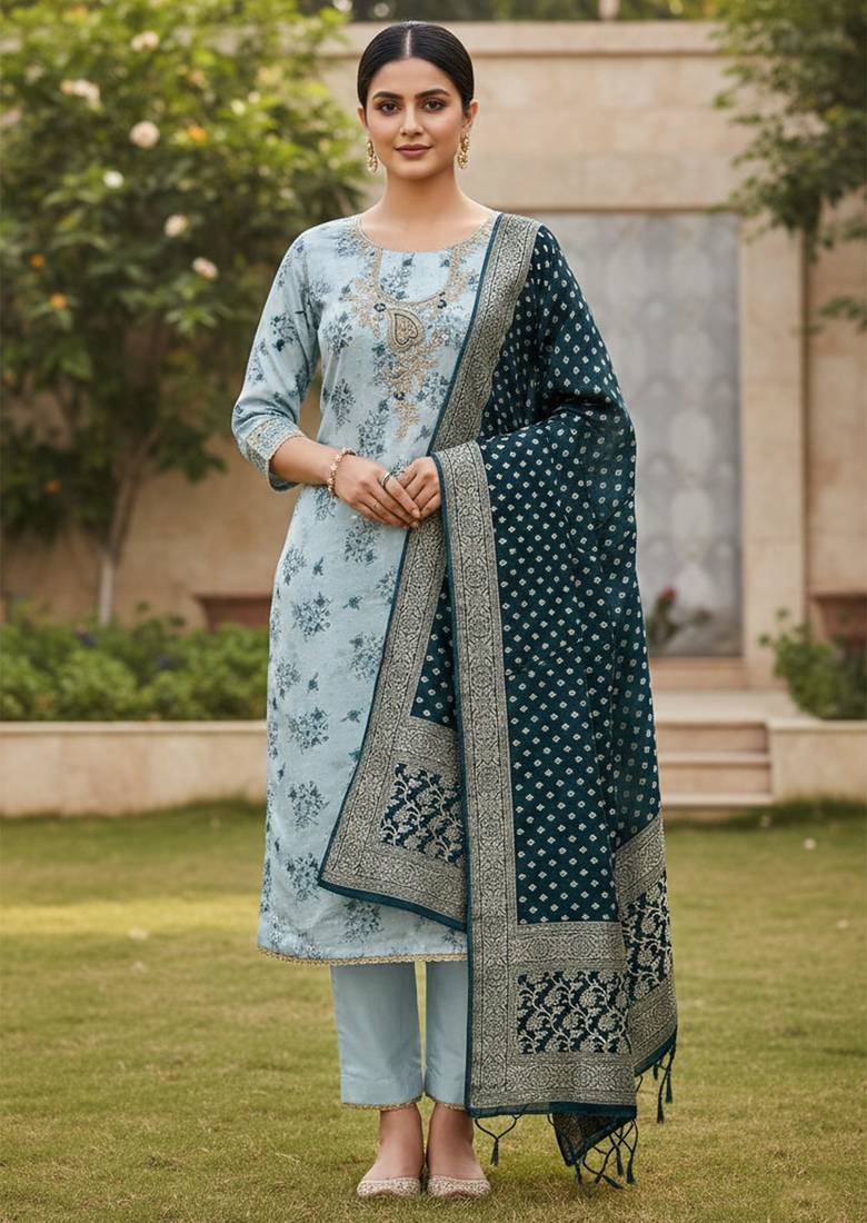 Sky blue color beautiful printed with hand work cotton silk fabric salwar kameez