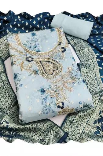 Sky blue color beautiful printed with hand work cotton silk fabric salwar kameez