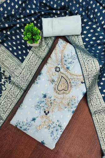 Sky blue color beautiful printed with hand work cotton silk fabric salwar kameez