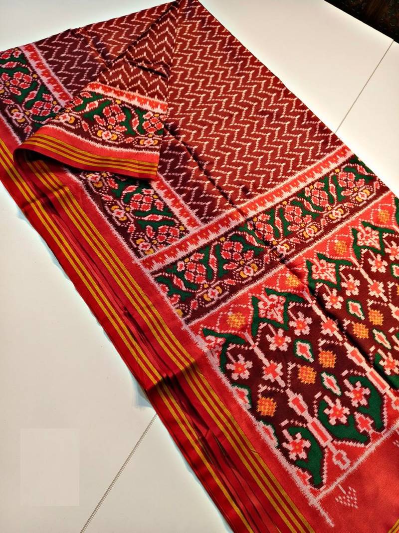 Maroon Color Lagadi Patta and weaved zari border Work Silk Patola Saree