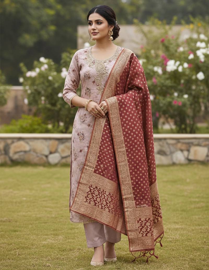 Pink color beautiful printed with hand work cotton silk fabric salwar kameez