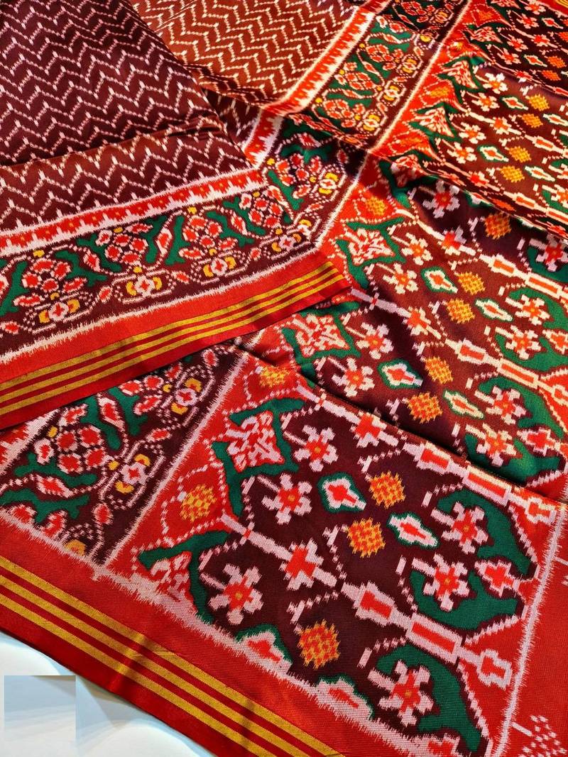 Maroon Color Lagadi Patta and weaved zari border Work Silk Patola Saree