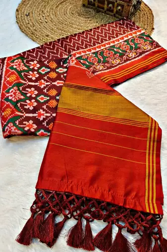 Maroon Color Lagadi Patta and weaved zari border Work Silk Patola Saree
