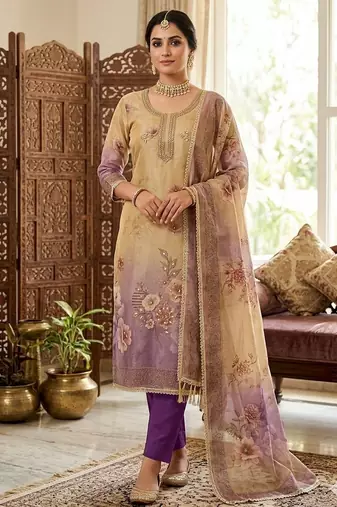 Beige color beautiful printed with hand work simmer cotton fabric salwar kameez