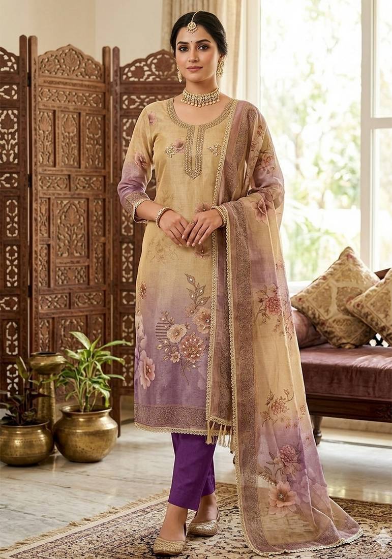 Beige color beautiful printed with hand work simmer cotton fabric salwar kameez