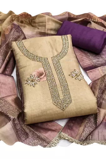 Beige color beautiful printed with hand work simmer cotton fabric salwar kameez