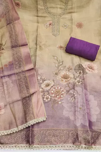 Beige color beautiful printed with hand work simmer cotton fabric salwar kameez