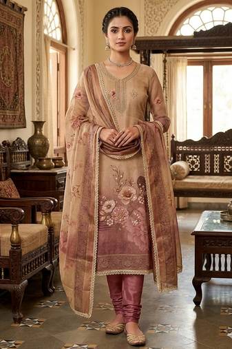 Beige color beautiful printed with hand work simmer cotton fabric salwar kameez