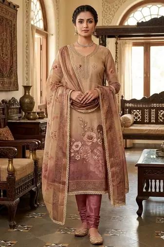 Beige color beautiful printed with hand work simmer cotton fabric salwar kameez