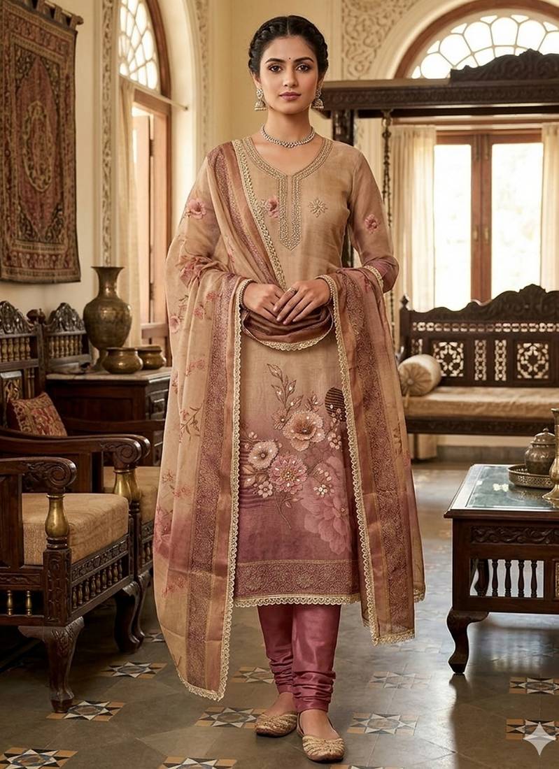 Beige color beautiful printed with hand work simmer cotton fabric salwar kameez