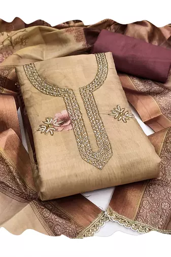 Beige color beautiful printed with hand work simmer cotton fabric salwar kameez