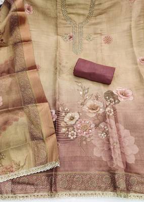 Beige color beautiful printed with hand work simmer cotton fabric salwar kameez 3