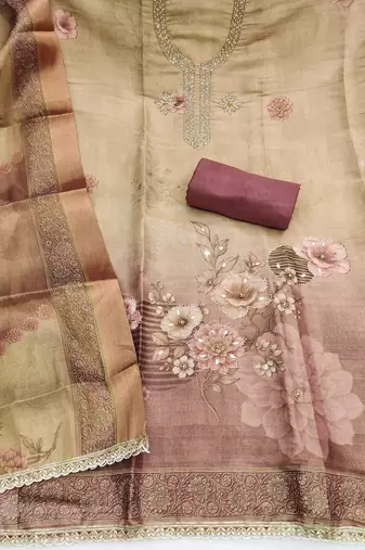 Beige color beautiful printed with hand work simmer cotton fabric salwar kameez
