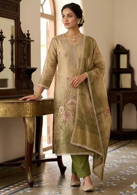 Beige color beautiful printed with hand work simmer cotton fabric salwar kameez 1