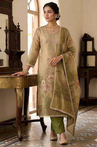 Beige color beautiful printed with hand work simmer cotton fabric salwar kameez