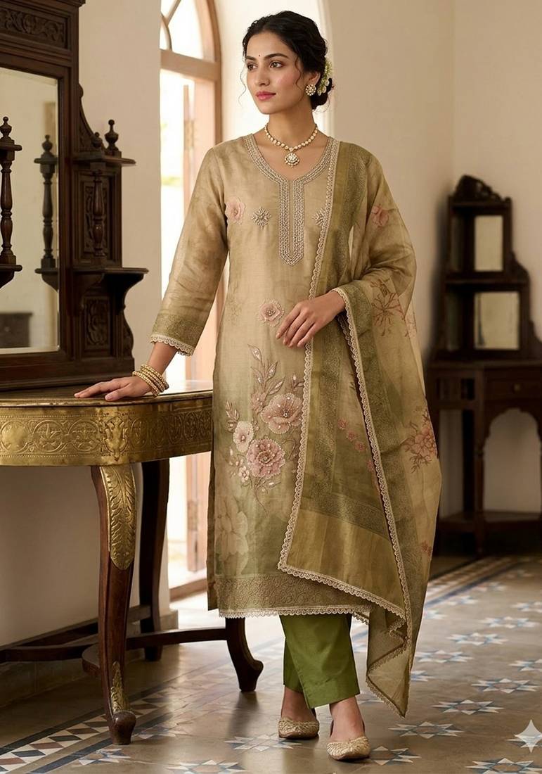 Beige color beautiful printed with hand work simmer cotton fabric salwar kameez