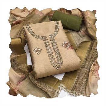 Beige color beautiful printed with hand work simmer cotton fabric salwar kameez 2