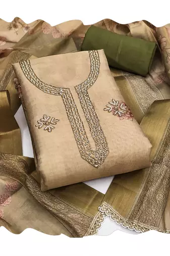 Beige color beautiful printed with hand work simmer cotton fabric salwar kameez