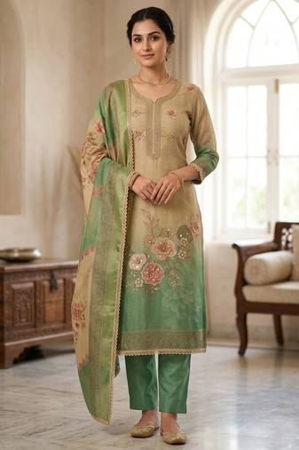 Beige color beautiful printed with hand work simmer cotton fabric salwar kameez