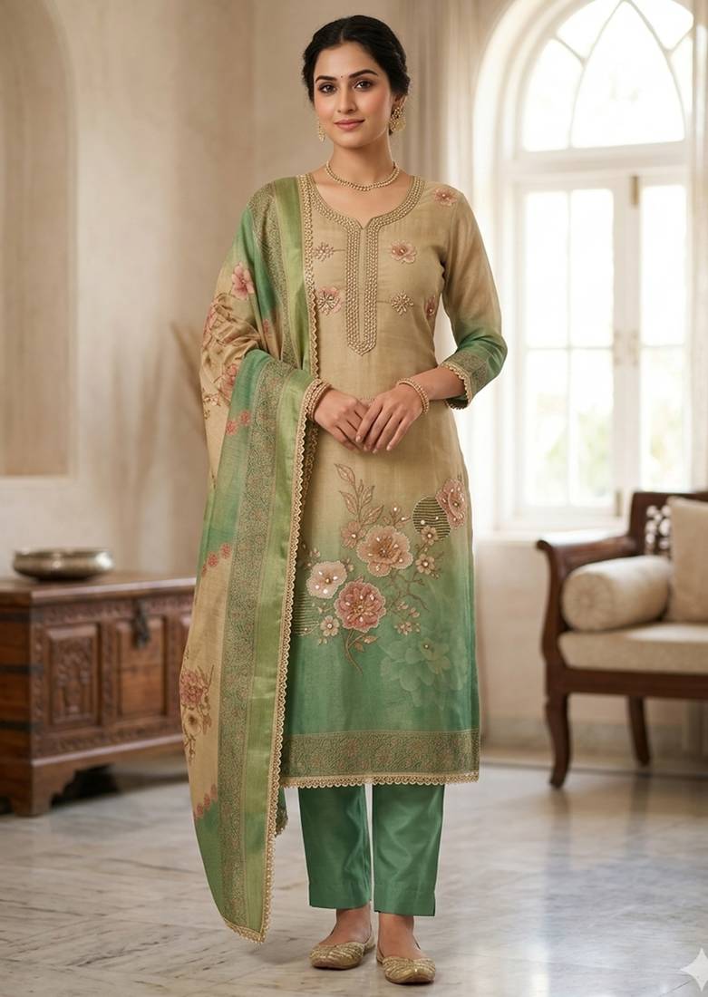 Beige color beautiful printed with hand work simmer cotton fabric salwar kameez